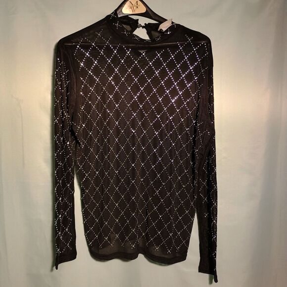 Sheer Mesh Rhinestone Long Sleeve Top – Black Sparkle Diamond Pattern 2XL - Picture 1 of 5
